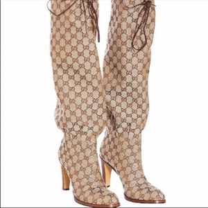 Gucci GG Canvas Mid Heel Knee High Boots Sz 37.5